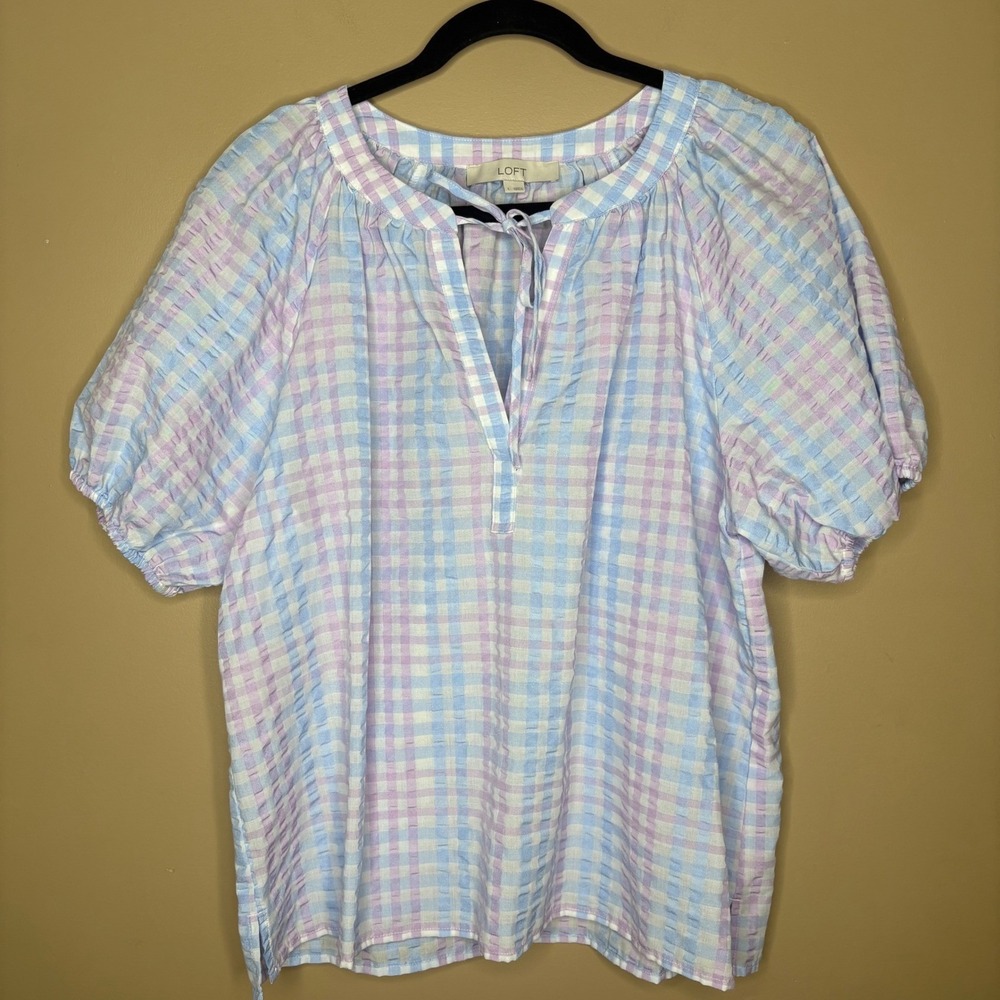 LOFT Gingham Puff Sleeve Blouse Pastel Top Large Picnic Soft Cottagecore